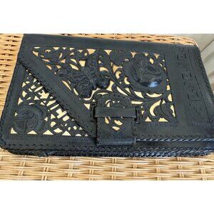 Vintage 70's Mexico Tooled Cut Out leather Clutch Purse Butterfly Floral